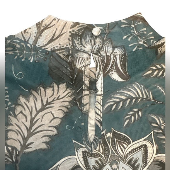 Blue B Mesh Top Size L Teal Long Sleeve Mock Neck Back Keyhole Button Closure - Picture 6 of 12